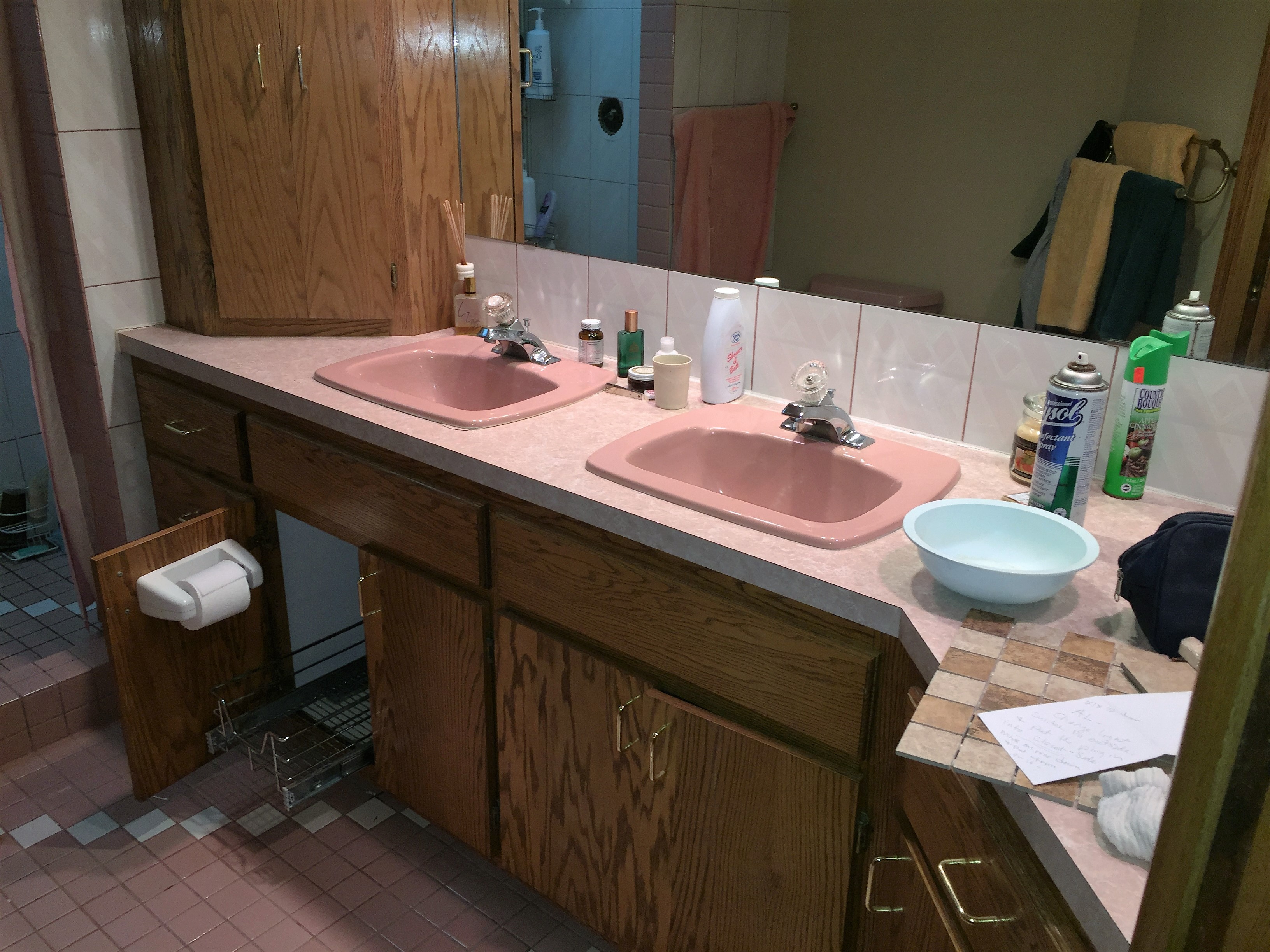 Ugly old pink countertop, sink, and floor before bathroom remodel